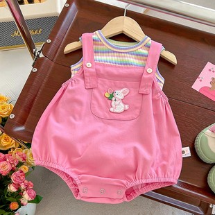韩版婴儿夏装可爱包屁连体，衣服套装女宝宝，哈衣超萌背带薄款两件套