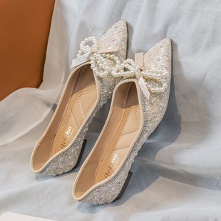 韩版甜美珍珠水钻蝴蝶结，气质仙女单鞋，尖头平底精致伴娘鞋婚鞋大码