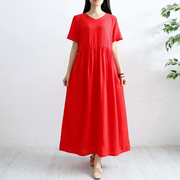 夏季薄款红色短袖连衣裙文艺范棉麻(范棉麻)女装，小个子宽松海边沙滩裙长裙