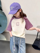 女童小熊紫色短袖T恤2024儿童打底衫夏季中大童女孩纯棉体恤