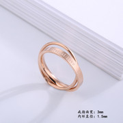 韩版love英文双环钛钢戒指 时尚男女对戒 18K玫瑰金情侣戒指首饰