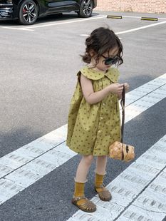 韩版女童夏装复古波点连衣裙2023洋气，儿童娃娃领宝宝背心裙子