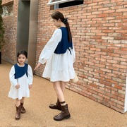 一起玩亲子装 母女韩版牛仔马甲连衣裙2件套 女童春季连衣裙