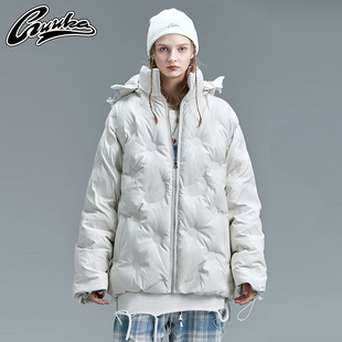 GUUKA潮牌米白色PU皮棉服女冬季 嘻哈褶皱钢印面包服棉衣外套宽松