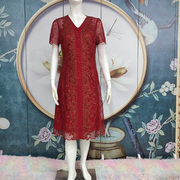富贵依枝花21122夏季婚宴妈妈装蕾丝刺绣红色连衣裙中长礼服