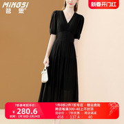 茗思高档品牌连衣裙，2023女夏季时尚洋气，收腰显瘦黑色雪纺裙子
