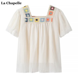 拉夏贝尔lachapelle法式方领短袖，衬衫女夏季民族风刺绣小衫上衣