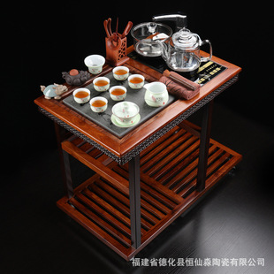 花梨实木茶车家用移动茶台中式茶，水柜带轮茶桌乌金石茶盘茶具套装