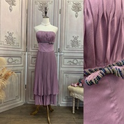 M码 0130紫色中长款双层百折连衣裙礼服