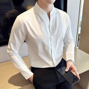 英伦风潮流d衬衫男长袖冬季高级感韩版修身V领商务休闲白衬衣