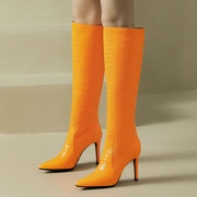 尖头橘色米白色荧光绿天蓝色橙色靴子女细跟高跟高筒大码鞋 MWYY