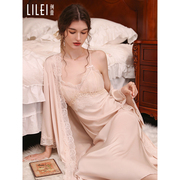 法式睡衣春夏季冰丝性感蕾丝，睡袍丝绸吊带，带胸垫睡裙长款两件套装
