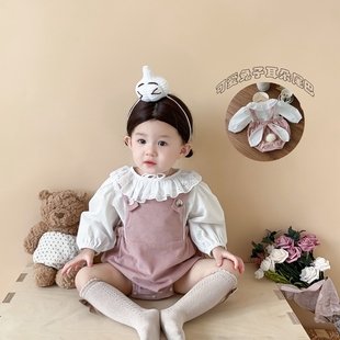 婴儿衣服秋款套装宝宝长袖娃娃领上衣可爱兔子耳朵背带哈衣两件套