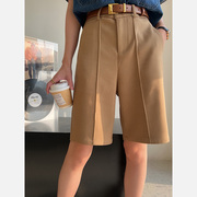 卡其色百慕大短裤，女夏季高腰直筒中裤西装，五分裤子小个子2024