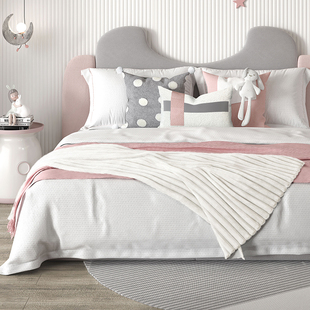 儿童房样板房床上用品公主风，可爱兔子女孩房灰粉色软装样板间床品