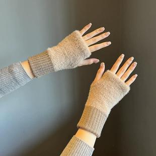 保暖毛线半指手套女冬季毛绒针织护手腕漏指百搭触控屏幕办公学%
