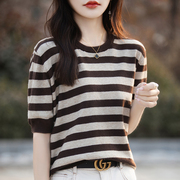 拼色条纹短袖针织衫女夏季韩版时尚显瘦气质简约百搭t恤上衣女装1