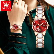 品牌陶瓷钢带时尚镶钻机芯，石英表女士手表，女表夜光日历国产腕表