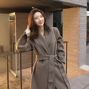 女装羊毛大衣2023韩版经典双排扣系带毛呢中长款双面呢大衣女