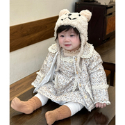 冬装婴幼儿夹棉加厚小香风，蕾丝花边棉服，外套加绒保暖连衣裙子套装
