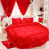 圆床四件套大红色贡缎，提花蕾丝4件套公主婚庆，新婚结婚圆床