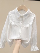 女童春秋季白色娃娃领衬衫，2024儿童长袖，衬衣洋气大童时髦花边上衣