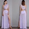 紫色单肩网纱中长款舒适休闲连衣裙，镂空链条气，质优雅名缓聚会