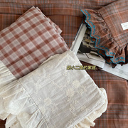 法式复古风纯棉双层纱色织格子四件套全棉花边款床单被罩双人床品