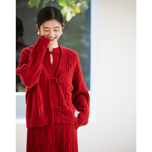 思诺芙德红色中式羊绒衫女国风盘扣羊绒毛衣新年针织外套羊毛上衣