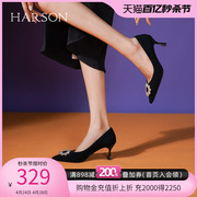 哈森黑色高跟鞋秋季尖头细跟单鞋香槟金婚鞋女HS232529