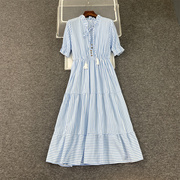 夏季木耳花边系带领 短袖大码蓝条纹连衣裙
