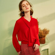 丝巾领长袖雪纺，衫女春夏拼接收口宽松显瘦v领时尚大红色衬衣
