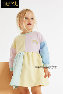 英国Next女童马卡龙淡粉色黄色彩虹连衣裙长袖卫衣裙C81-533