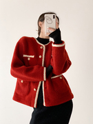 红色小香风厚外套女冬新年战袍小个子短毛绒设计感羊羔毛上衣加厚