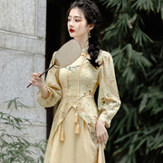 新中式国风改良旗袍连衣裙女秋季高级感气质，复古假两件拼接长裙潮