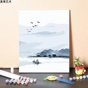 数字油画diy手工填充简约小船泛舟风景画手绘三联画涂色油彩画画