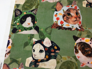 法式绿色底头巾猫咪卡通，数码印花布diy手工儿童，连衣裙发带水桶包