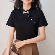 黑色珍珠盘扣t恤女修身新中式，短袖2024夏小众(夏小众)设计感立领上衣