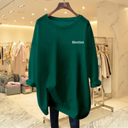 韩国长版墨绿色长袖T恤p女欧货圆领2023纯棉秋季大尺码打底衫