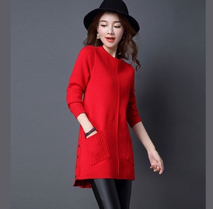 大红色毛衣女套头宽松中长款韩版冬季本命年红色针织衫女秋冬打底
