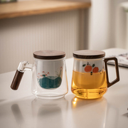玻璃泡茶杯带盖陶瓷手绘过滤水杯简约大容量茶水分离茶道办公杯子