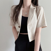 韩版休闲短袖亚麻，小西装女夏季薄款宽松短款气质外套小个子上衣