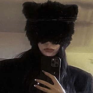 暗黑系猫女帽耳朵酷拽针织兔毛帽子女冬季黑色保暖朋克熊熊毛绒帽