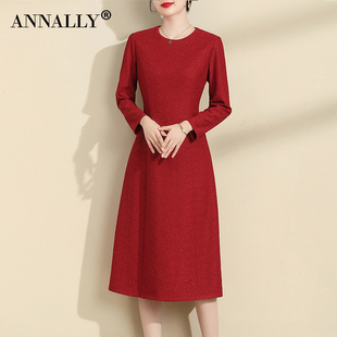 annally2023冬季优雅气质，修身打底蕾丝喜庆红色a字，打底连衣裙