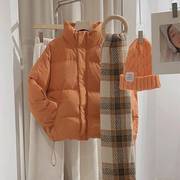 冬季韩系穿搭洋气减龄橘色立领加厚短款棉服小个子宽松上衣外套女