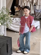 韩国童装24春夏女童气质小香风，马甲+儿童牛仔，直筒裤+卡通短袖t恤