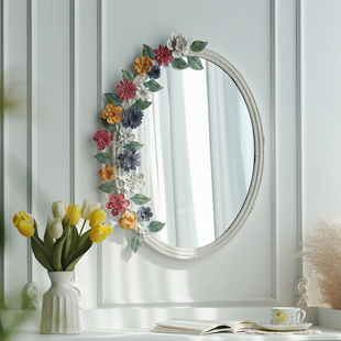 JZ015 法式田园美式复古做旧铁艺花朵装饰镜子卫生间浴室化妆镜子