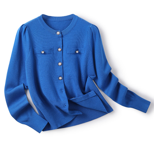 克莱因蓝圆领长袖开衫，女春秋气质优雅法式针织衫，宝蓝色毛衣短外套