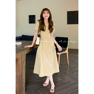 哟米YOMI 法式浪漫连衣裙女小个子夏季收腰显瘦高端气质棉麻长裙