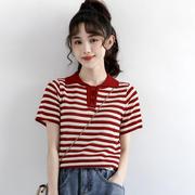 韩国夏季镂空薄款冰丝，针织衫女短袖polo领t恤红条纹短款上衣